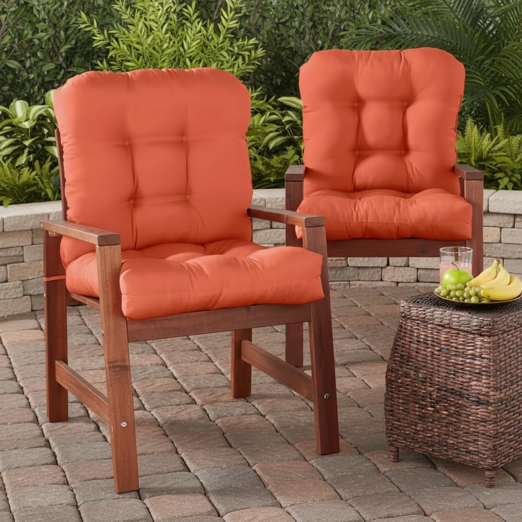 Tufted Outdoor Chair Cushions – Hinged One-Piece Design, Reversible Patio Seat & Back Cushion with Ties, Durable Polyester Fabric, Recycled Polyfiber Fill, Set of 2, Rust