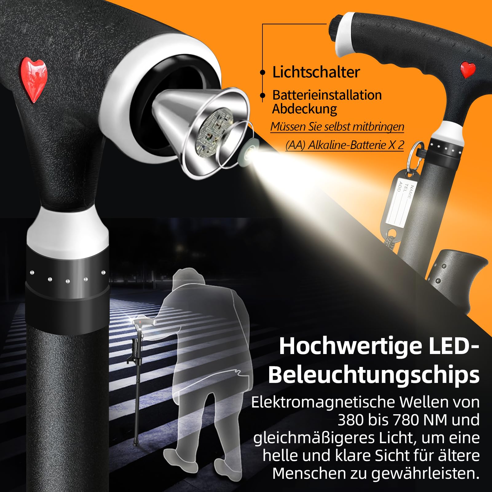 Verstellbarer Gehstock für Herren und Damen Doppelgriff Verstellbarer, Gehstock mit LED-Licht, gehstöcke für senioren und Menschen mit verschiedenen Arten von Arthritis