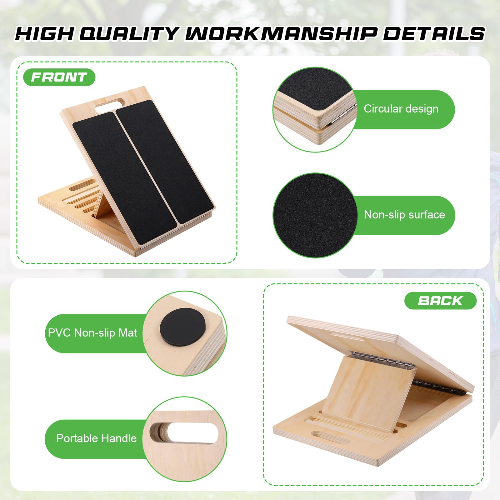 Tavoletta per Stretching in Legno Professionale con 5 Angoli Regolabili, Stretcher per Polpacci Antiscivolo, Solida Tavola di Equilibrio in Legno con Maniglia Portatile, per Casa, Palestra e Outdoor