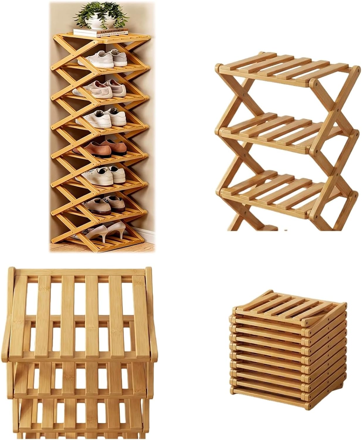 The 9-Tier No-Assembly Bamboo Shoe Rack Vertical (Foldable Storage), Narrow Wooden Shoe Shelf for Entryway, Tall Skinny Standing Shoe Organizer for entryway(Wood,6-Tier)