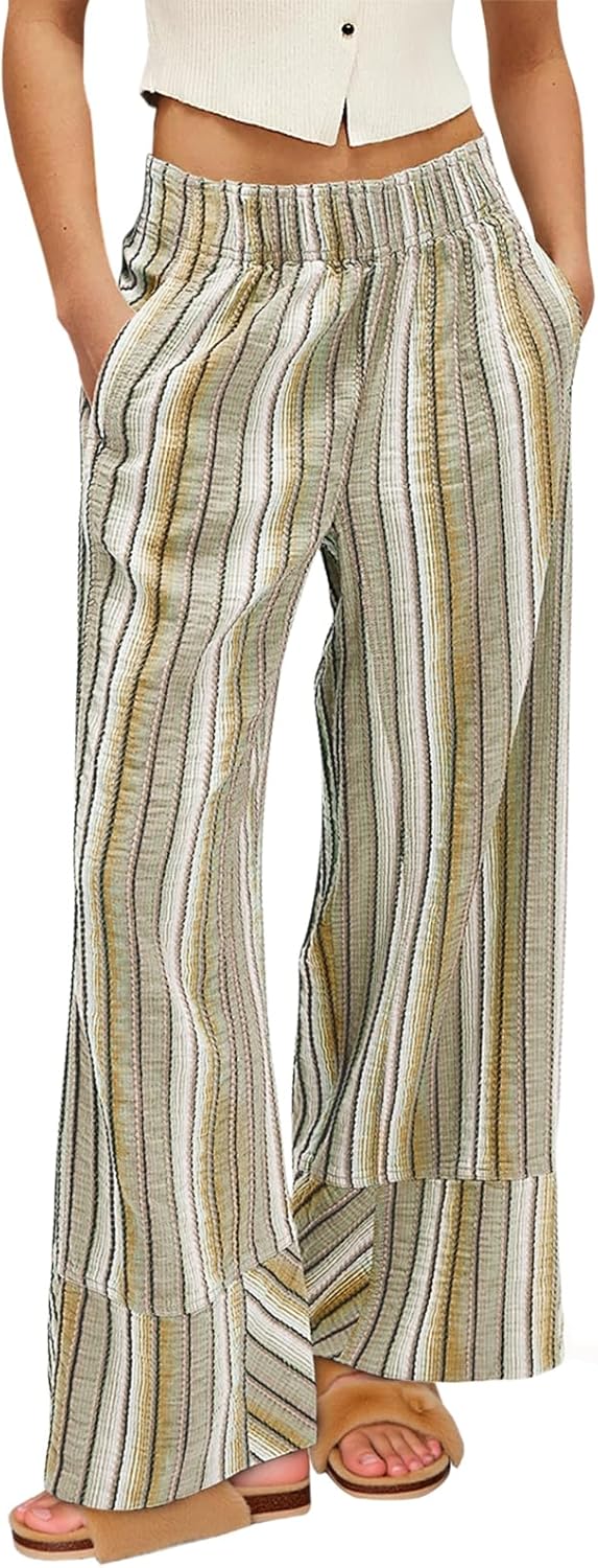 Cicy Bell Womens Wide Leg Lounge Pants Elastic High Waisted Striped Palazzo Pants Flowy Casual Beach Travel Trousers