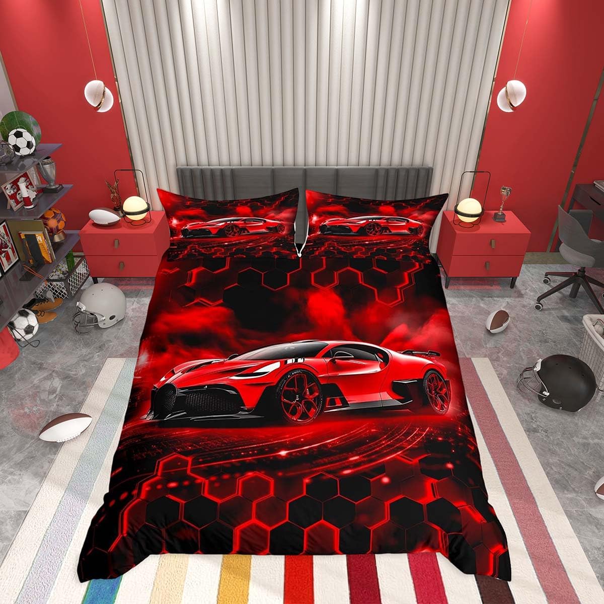 Homemissing Boys Red Race Car Duvet Cover Set King Size For Kids Boys Teens Racing Car Glitter Honeycomb Bedding Set Fast and Furious Extreme Sports Duvet Cover with 2 Pillowcases — image 1