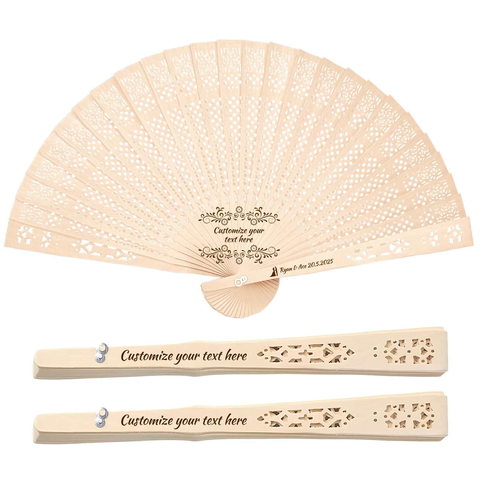 XSTZR 10Pcs personalized wedding fans, custom handheld fans, wedding fans, unique bridal shower party favors, handmade wooden fans for guests (Honeycomb wooden fan)