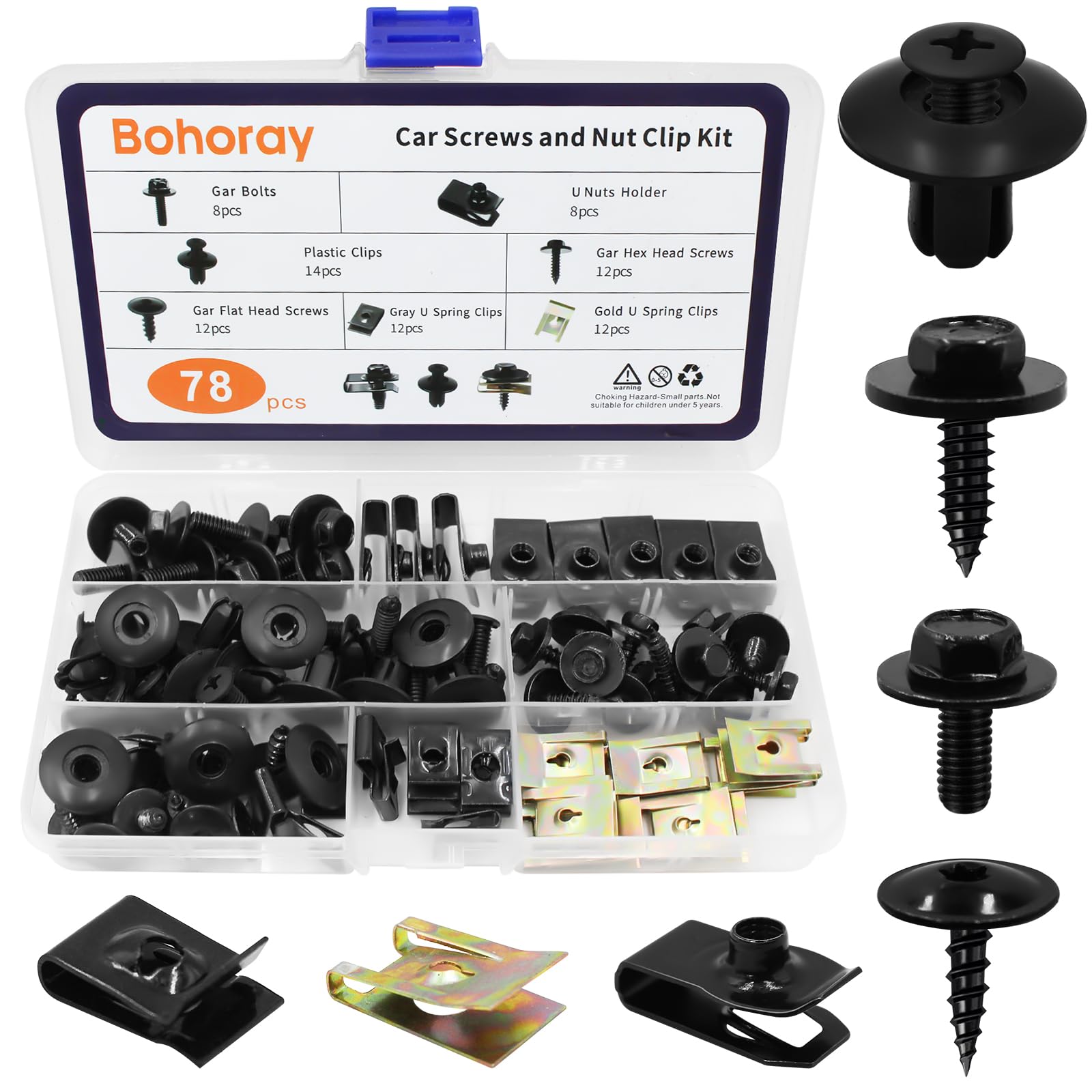 JatilEr Carrosserieschroeven, clipset, autoplaatmoeren, schroef, moer-clipkit, U-type bevestigingsclips met klemschijven, hittebeschermplaat voor auto, body, undertray, spatbord, deurbekleding, 80