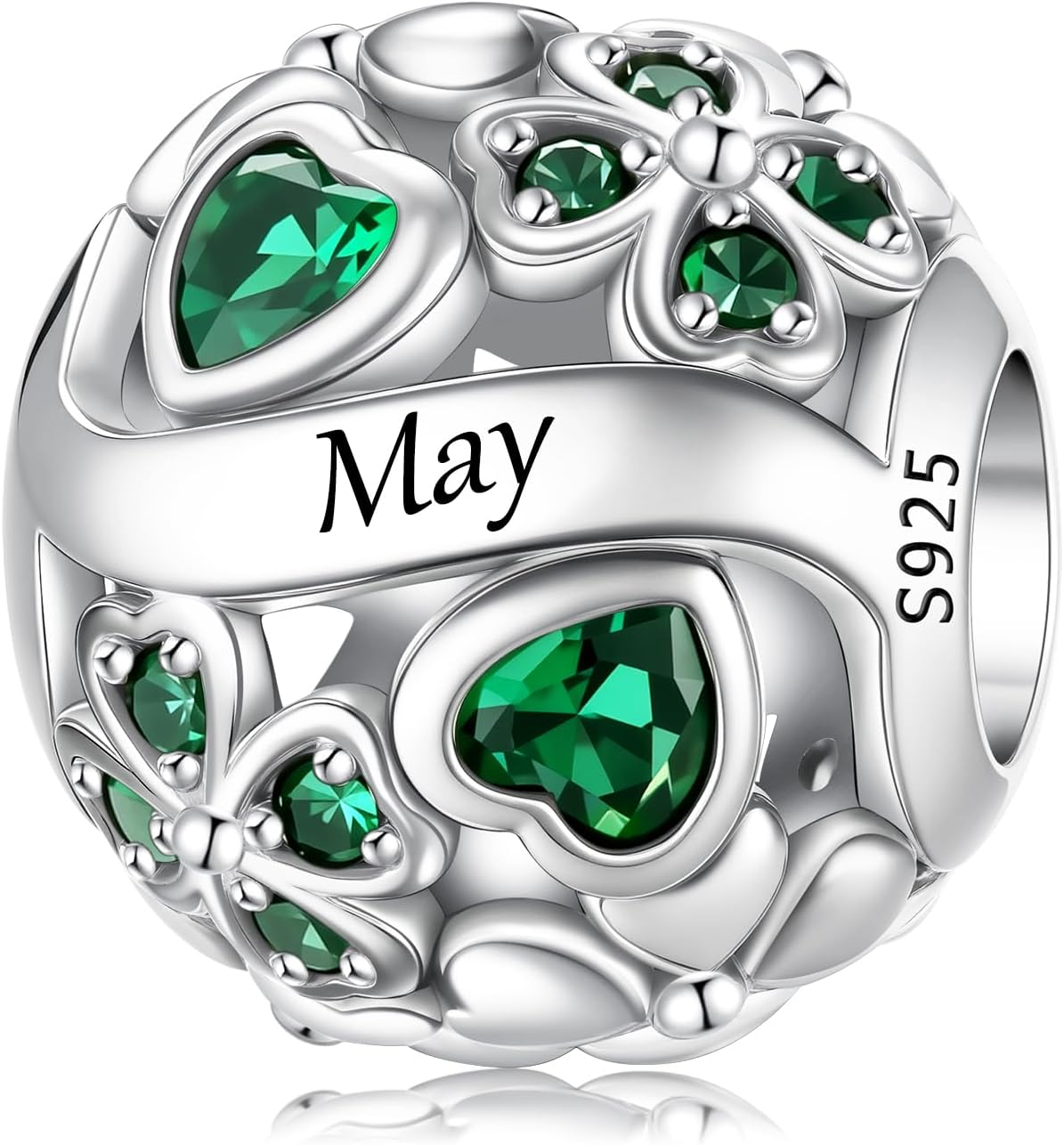 925 Sterling Silver Four Leaf Clover with Cubic Zirconia Bead Charm Birthstone Charms for Bracelets Dangle Pendant Compatible Pandora Bracelets Lucky Charm Birthday Gift