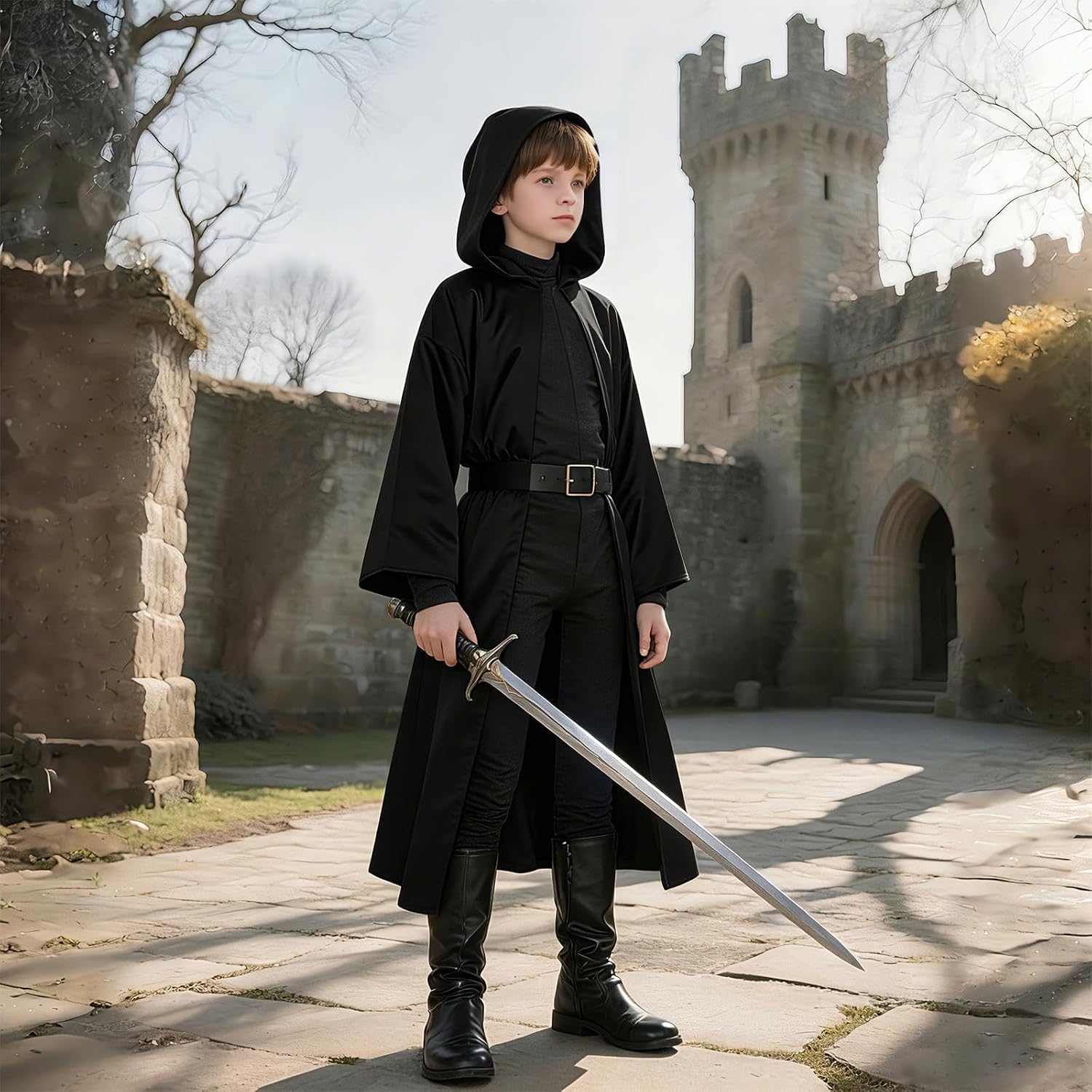 Kids Knight Robe Hooded Cloak, Halloween Costume for Boys Girls Cosplay, Ranger Wizard Elven Hooded Cape Robe