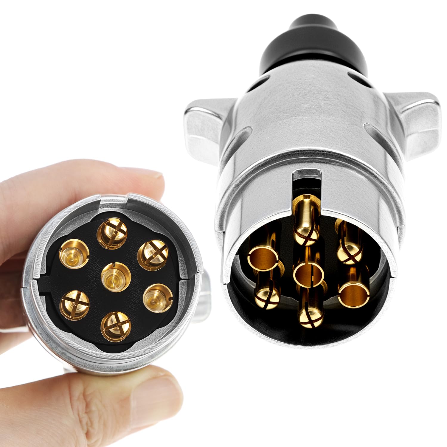 QWORK® Wtyczka do przyczep 7-pinowa z metalu wodoodpornego, obudowa z aluminium i styki z mosiądzu, dla pojazdów i przyczep 12V
