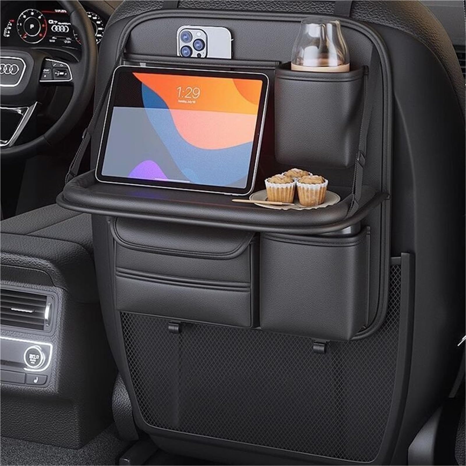Organizador de asiento trasero de coche con mesa, bolsa de almacenamiento de piel sintética con bandeja plegable, organizador de asiento trasero multifunción para coche, camión, SUV (gris)