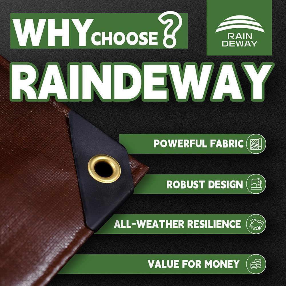 raindeway 8x20 feet super heavy duty tarp 18 mil,uv resistant, weatherproof, multipurpose waterproof poly tarp cover with grommets and reinforced edges,brown tarps brown 8x20 feet-finished size