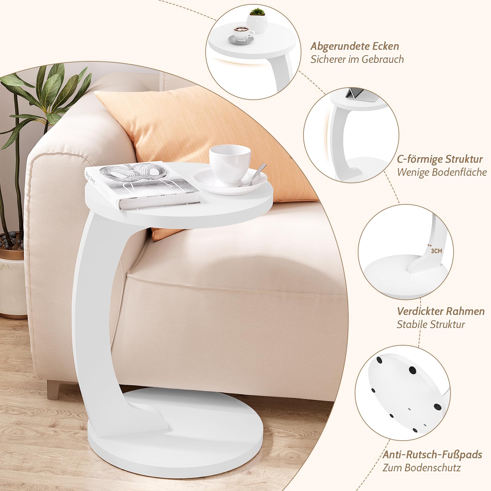 WOLTU Mesa Auxiliar en Forma C, Mesa de Centro Redonda, Mesa Lateral para Sofá o Cama, Mesita Auxiliar para Salón y Dormitorio, MDF, φ38x55 cm, Blanco, BTS20ws