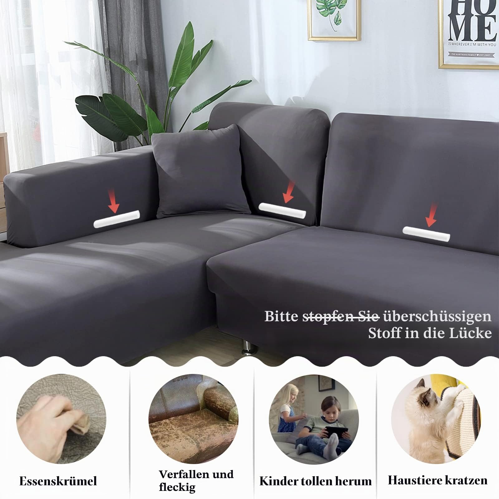 Jaotto Sofabezug Elastische Spandex Stretch Couchbezug für L-Form Sofa Überwürfe Universal Waschbar Sofaüberwurf 2er Antirutsch(3 Sitzer+4 Sitzer,Grau)