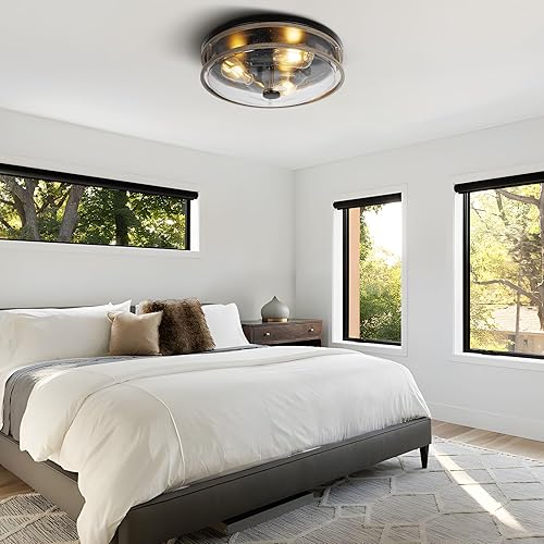 Miniatura 5 de Lámpara de techo grande de 16 pulgadas con vidrio sembrado, pantalla redonda de grano de madera, moderna iluminación de techo para interiores y