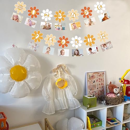 Miniatura 6 de Renyangbo Pancarta de fotos Groovy Party Daisy Garland Decoración de fiesta de primer cumpleaños Cartel mensual para niño y niña, pancarta bohemia