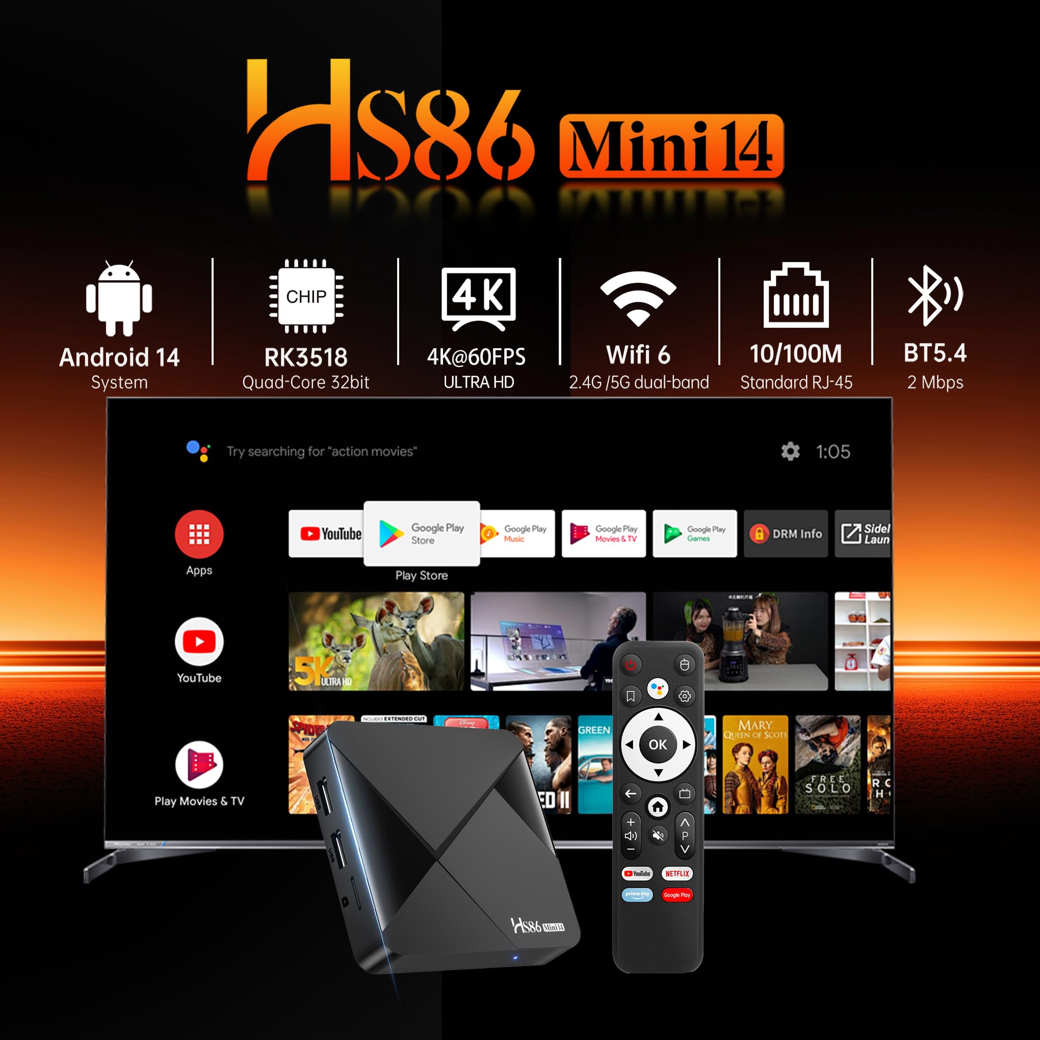 HS86 MINI14 Android 14.0 TV Box 4K 60FPS, UHD Smart TV Box Android 2 Go de RAM 16 Go ROM RK3518 Quad-Core 32 Bits Cortex-A53, 2,4 GHz/5,0 GHz Double Wifi6 10/100 M LAN Enternet Bluetooth 5.4 USB3.0