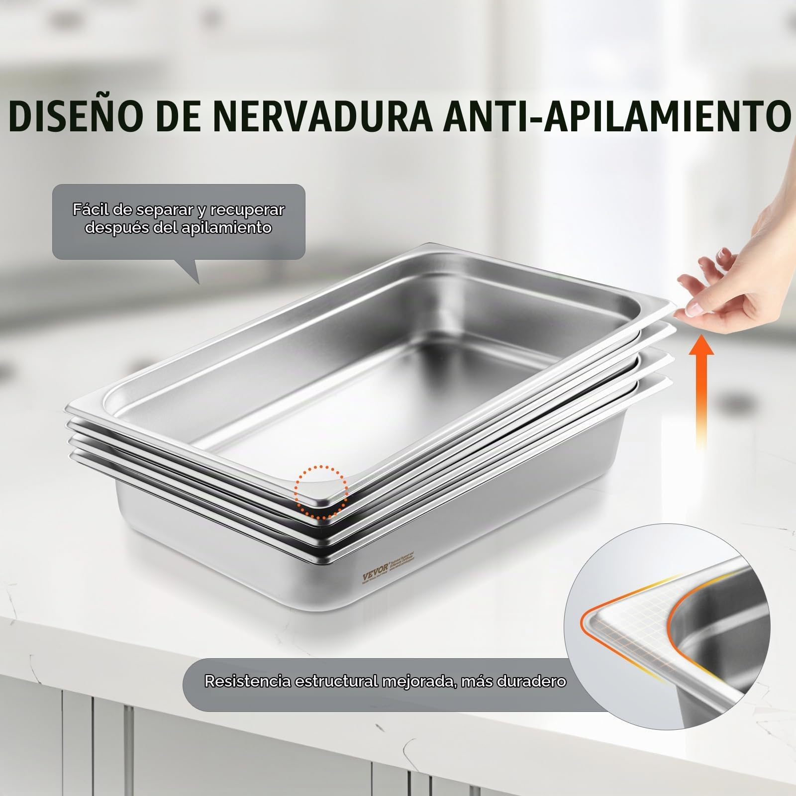 VEVOR 4 Sartenes de Hotel, Sartén Comercial de Vapor Antiatasco de Tamaño Completo con Tapa, Acero Inoxidable de 0,8 mm de Espesor, para Catering, para Industrial y Científico, 530 x 326 x 107 mm