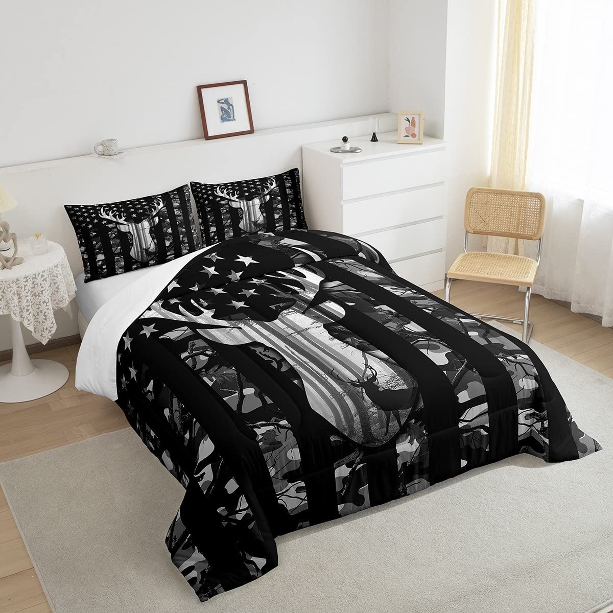 Manfei Deer Antlers Silhouette Comforter Set Twin,Camouflage American Flag Bedding Set, Wild Animal Natural Quilt Set 2 Pcs for Kids Teens Adults Room Decor,Black Grey Duvet Insert with 1 Pillowcase