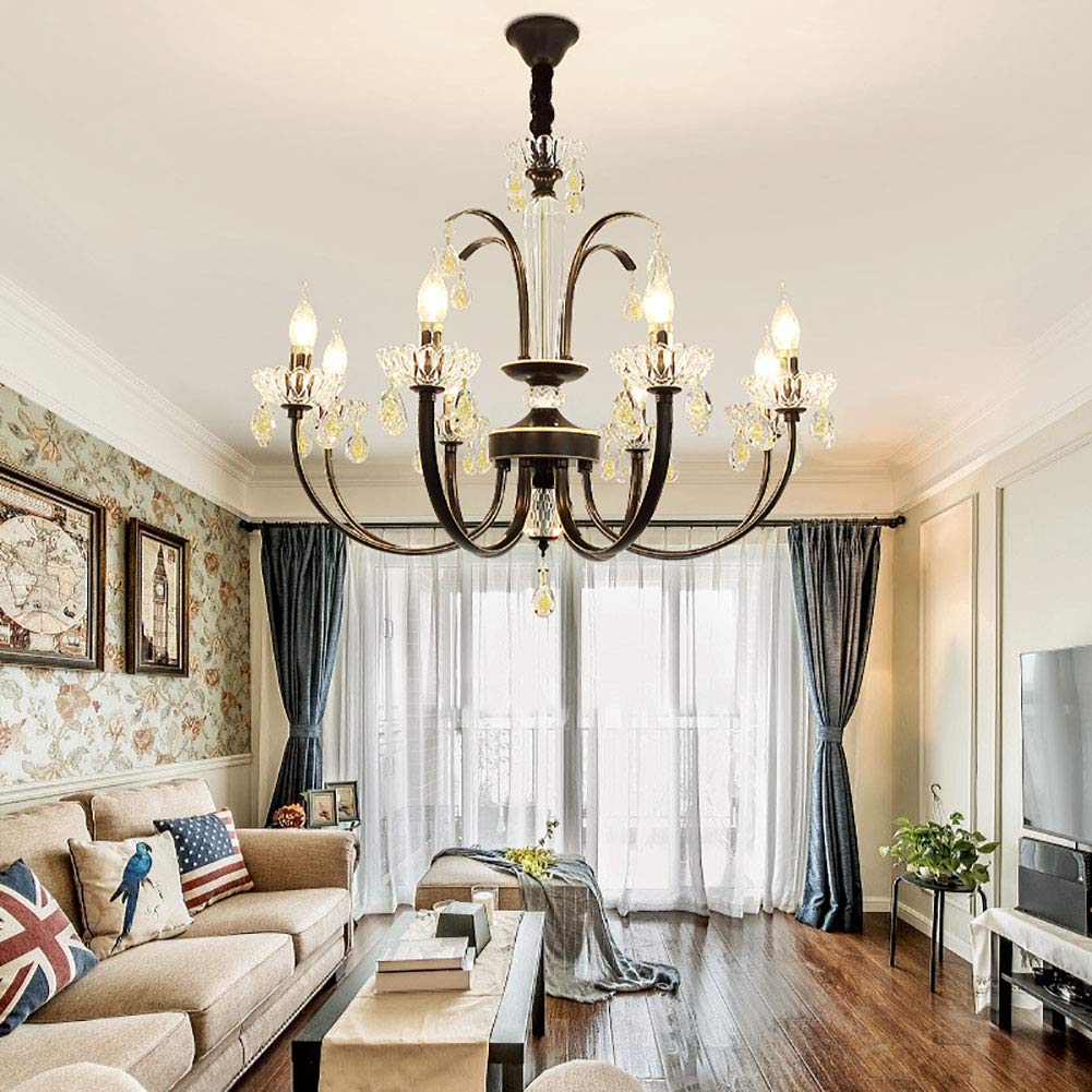 Während Lighting,E14 Amerikaner Prägnant Eisenkunst Kronleuchter Beleuchtung,Wohnzimmer Esszimmer Schlafzimmer Kleidung Store Licht,Kreativ Kerze Kristall Kronleuchter Lichter-Schwarzes gold 6 kopf