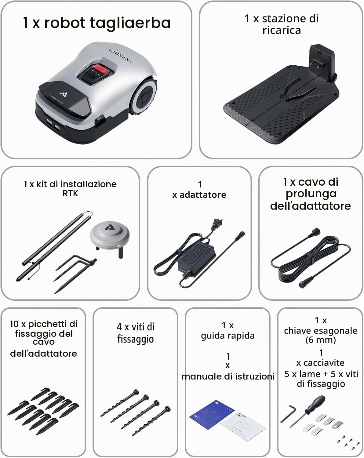 ANTHBOT Genie600 - Robot tosaerba senza fili, 900 m², RTK multibanda+4 telecamere di AI, Gestione 20 Zone, Evitamento ostacoli, Ricarica automatica+Ripresa di falciatura, pendenza al 45%