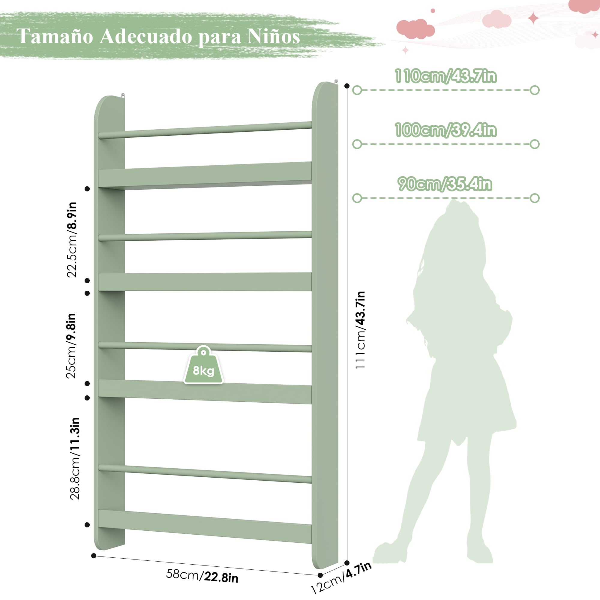 FOREHILL Estantería Infantil Pared, Estantería Infantil Libros, Librería Infantil Montessori, Madera, para Niños, 4 Estantes 111x58x12cm Verde