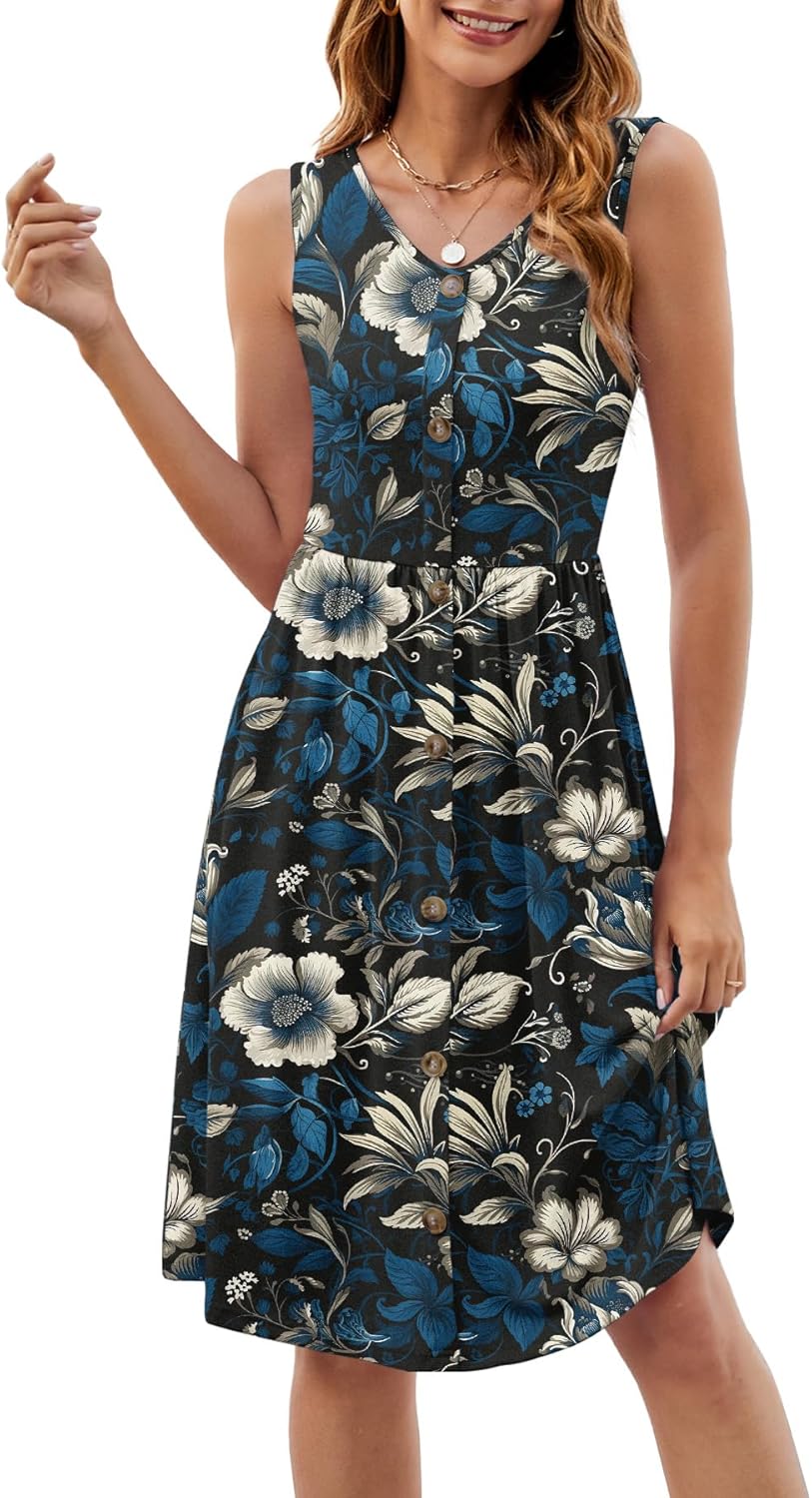 Women's V-Neck Sleeveless Midi Summer Sundress with Elastic Empire Waist Flowy A-Line for Beach Travel Work - Image 2