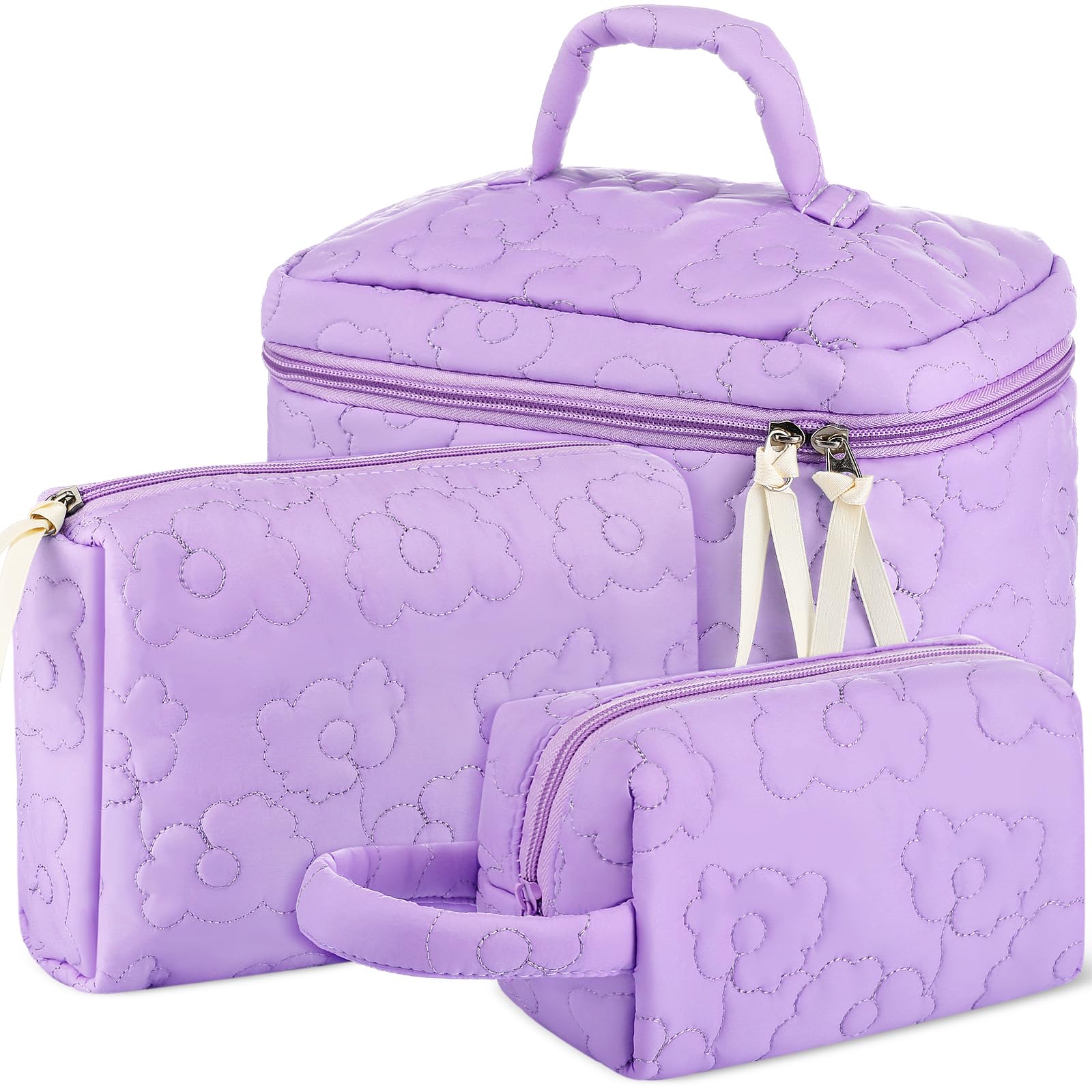 Paterr Makeup Bag Set 3 Pcs Large Quilted Cotton Make up Bags for Women Cosmetic Travel Toiletry Organizer Pouch Cute Aesthetic Storage Purse(Purple,