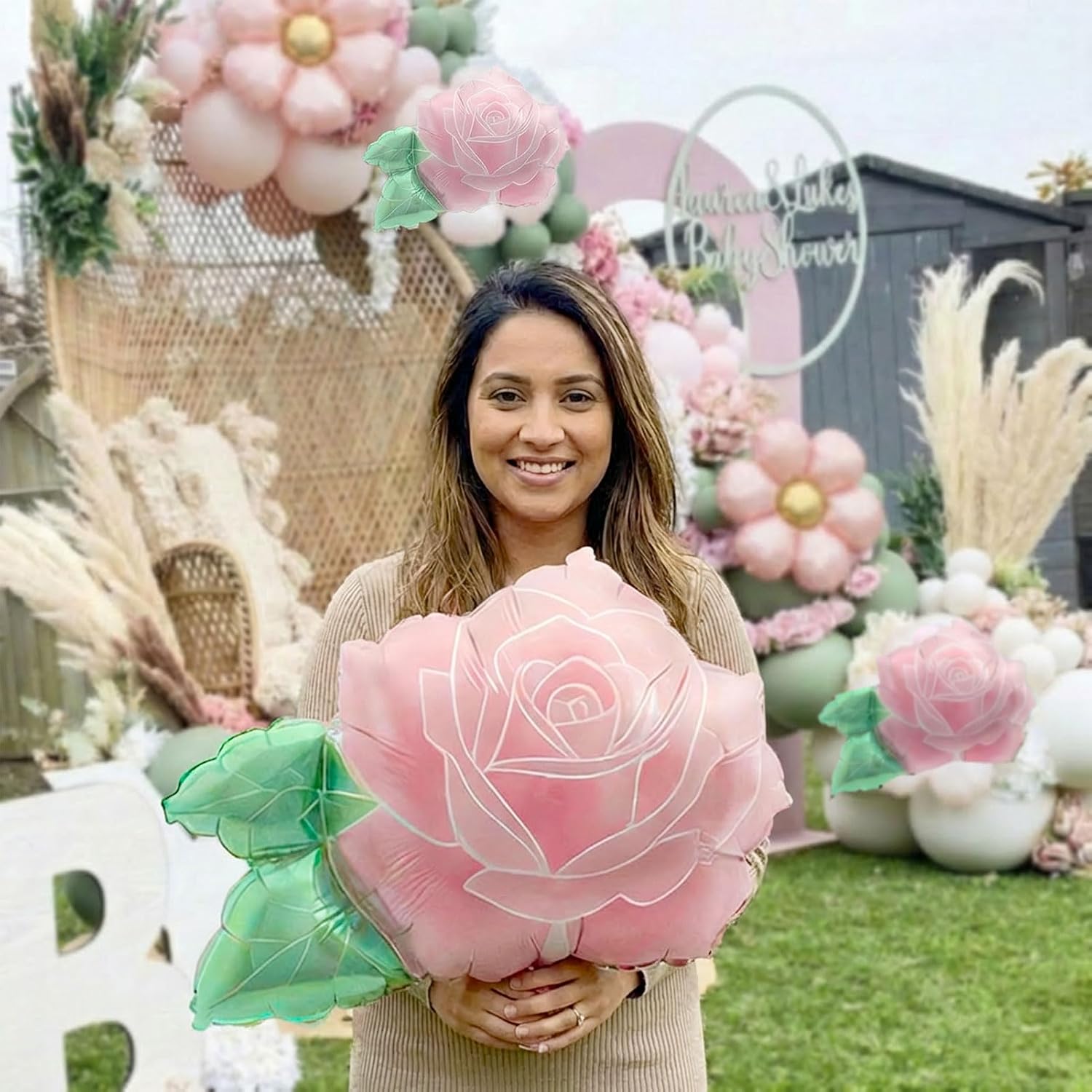 4Pcs Big Pink Flower Rose Foil Balloons 32" 3D Floral Foil Balloon Centerpieces for Wedding, Sweet 16 1st Birthday Party Decor, Mother's Day, Spring Summer Theme Party, Bridal Shower Supplies image 4