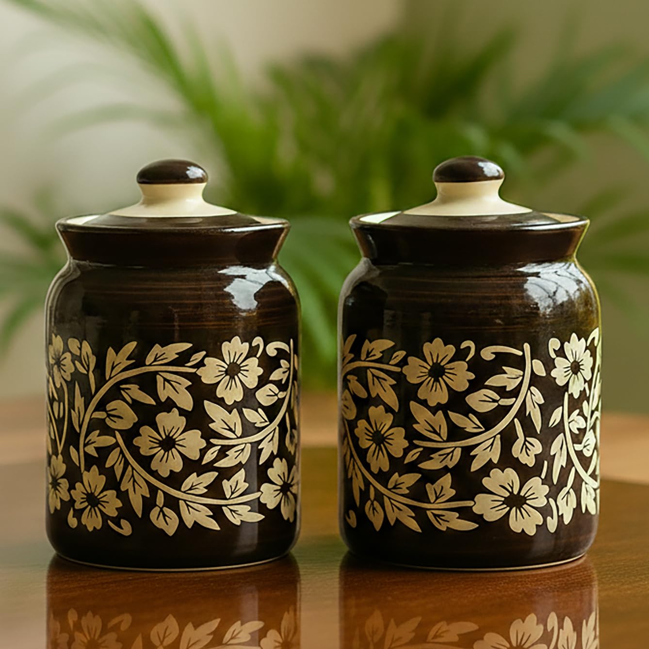 Ceramic Kitchen Pickle Jars in 1000ml (set of 2) | Handpainted Floral 1 kg Achaar Martban Barni | Ceramic Jadi for Kitchen Storage | Salt Containers for Achar, Spices, Salt (Full Black Floral Bale)