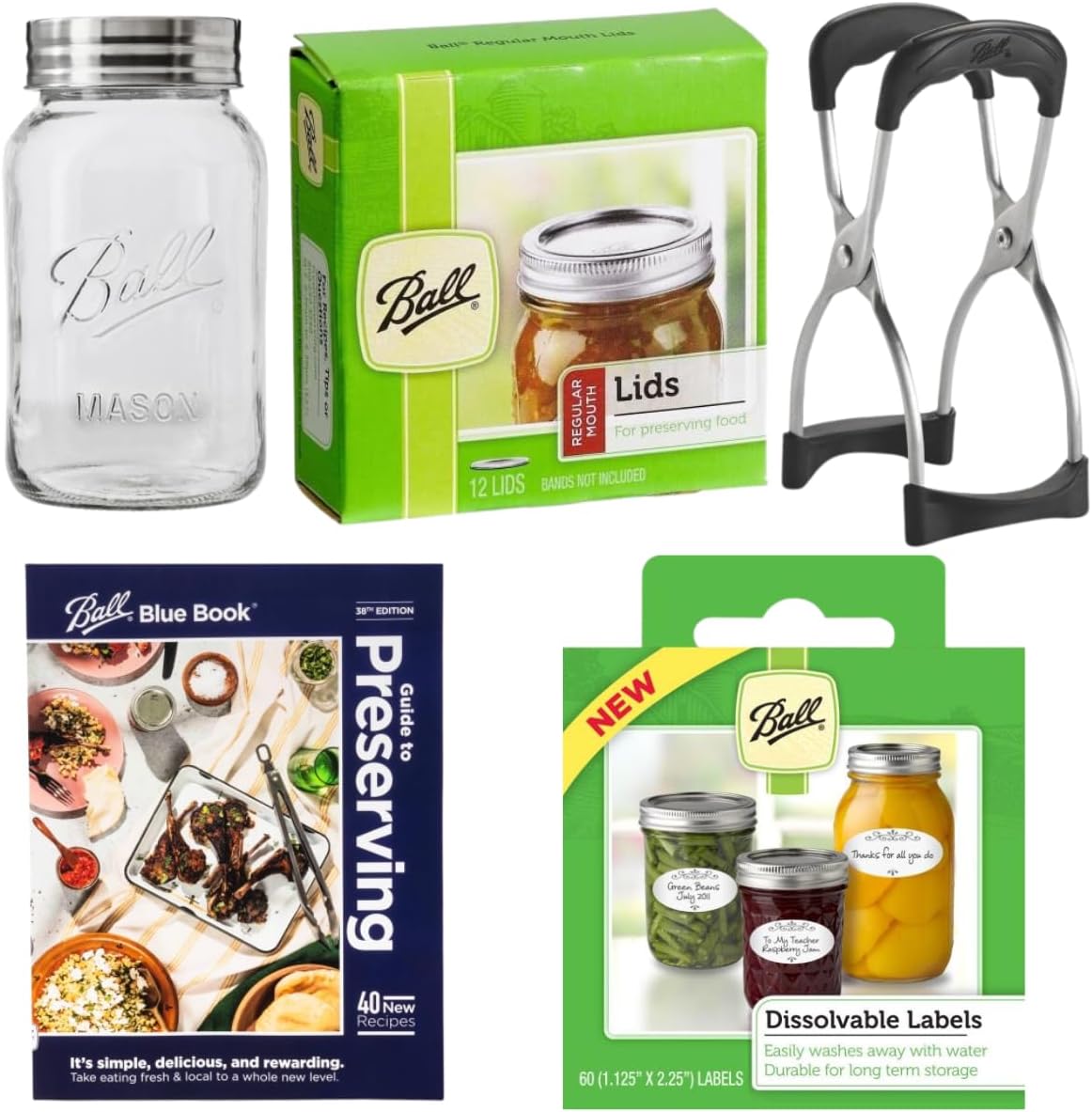 Ball Glass Mason Jar Canning Starter Kit, Regular Mouth, Quart Size, 32 OZ with Lids, Dissolvable Labels, Jar Lifter and Recipe Book