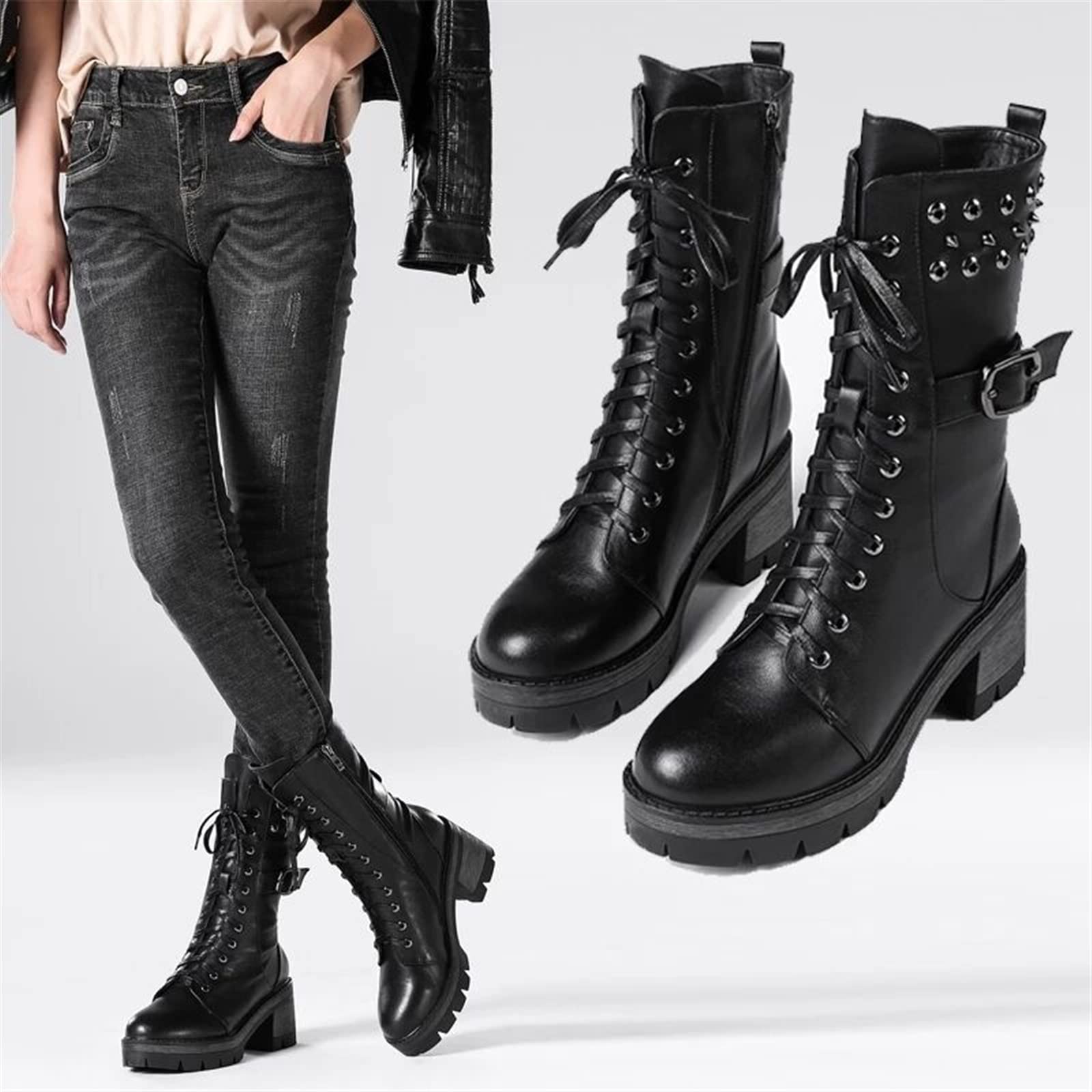 Damenschuhe Punk Nieten Nieten Lederschuhe Damen Hohe Stiefel Winter Schuhe mit Absatz Damen Reitstiefel mit Gürtel Mittelkalb Stiefel,CN 40