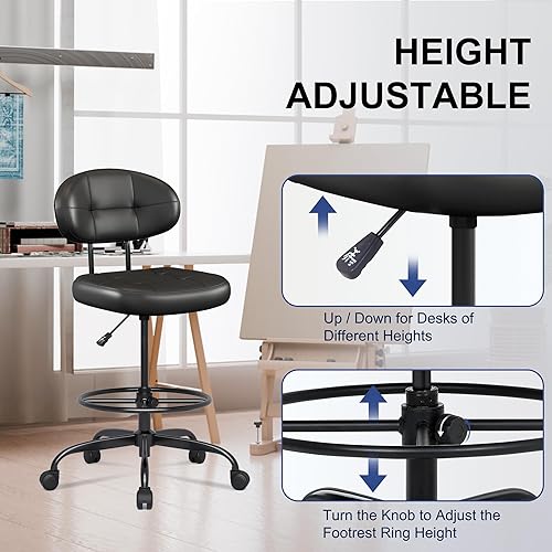 Miniatura 5 de Misolant Silla de dibujo sin brazos, silla de oficina alta con anillo reposapiés para escritorio de pie, pequeña silla de oficina ejecutiva de piel