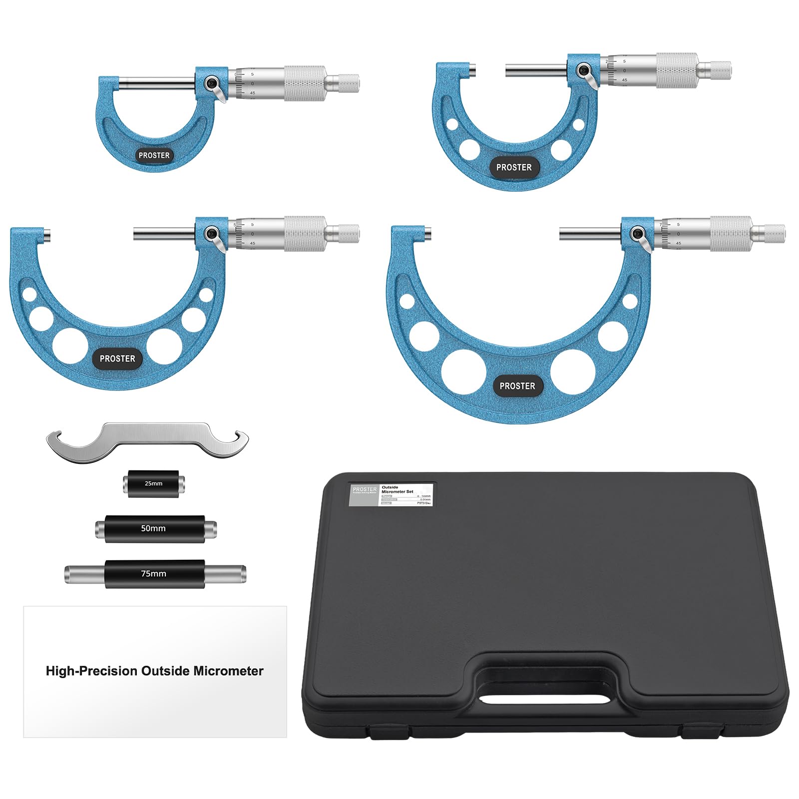 Proster Micromètre Extérieur 0–100mm 4 Pièces – Précision 0,01mm avec Ratchet Stop, Satin Chrome & Échelle Laser, Ensemble Professionnel pour Atelier, Contrôle Qualité et Machiniste