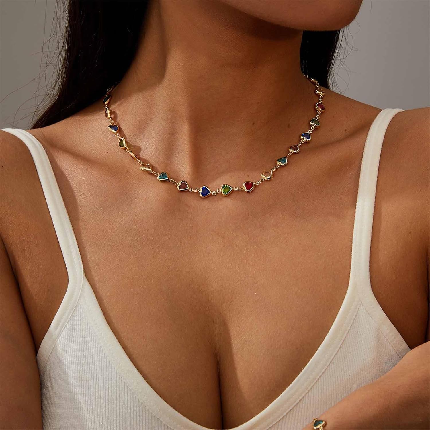 Boho Rainbow Gemstone Heart Necklace Colorful Crystal Choker Necklaces Multi Heart Bead Necklace Multicolor Cz Necklaces Gold Sparkle Rhinestone Pendant Party Prom Jewelry for Women - Image 2