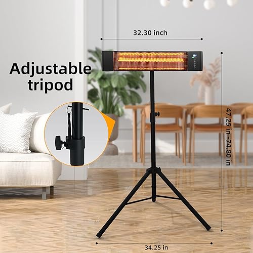 Miniatura 5 de Calentador infrarrojo para exteriores de 1500 W montado en la pared y calentador de pie con trípode IP65 impermeable y a prueba de polvo, 3 ajustes,