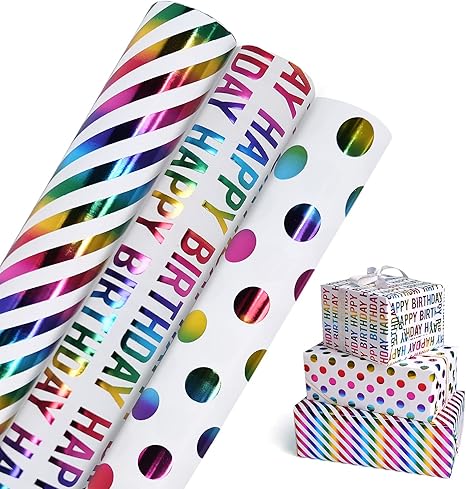 Geschenkpapier Geburtstag 6 Bögen - Regenbogen Design 44x76cm Für Party & Feiern