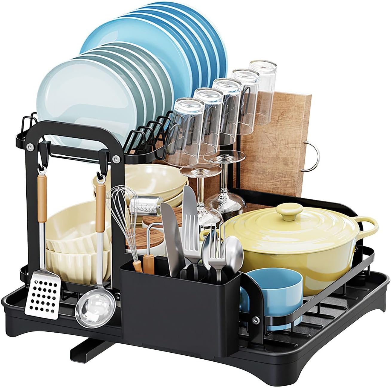 2-Tier Dish Drying Rack for Kitchen Counter Space Saving Rustproof Dish Rack with Drainboard Detachable Kitchen Drainer Organizer Set