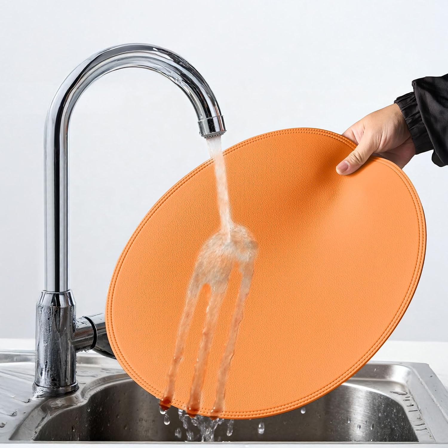 Round Vinyl Orange Placemats Set of 6, Faux Leather Waterproof Wipeable Heat Resistant Place Mats, Washable Table Mats for Halloween, Thanksgiving & Christmas Dinner(Orange)