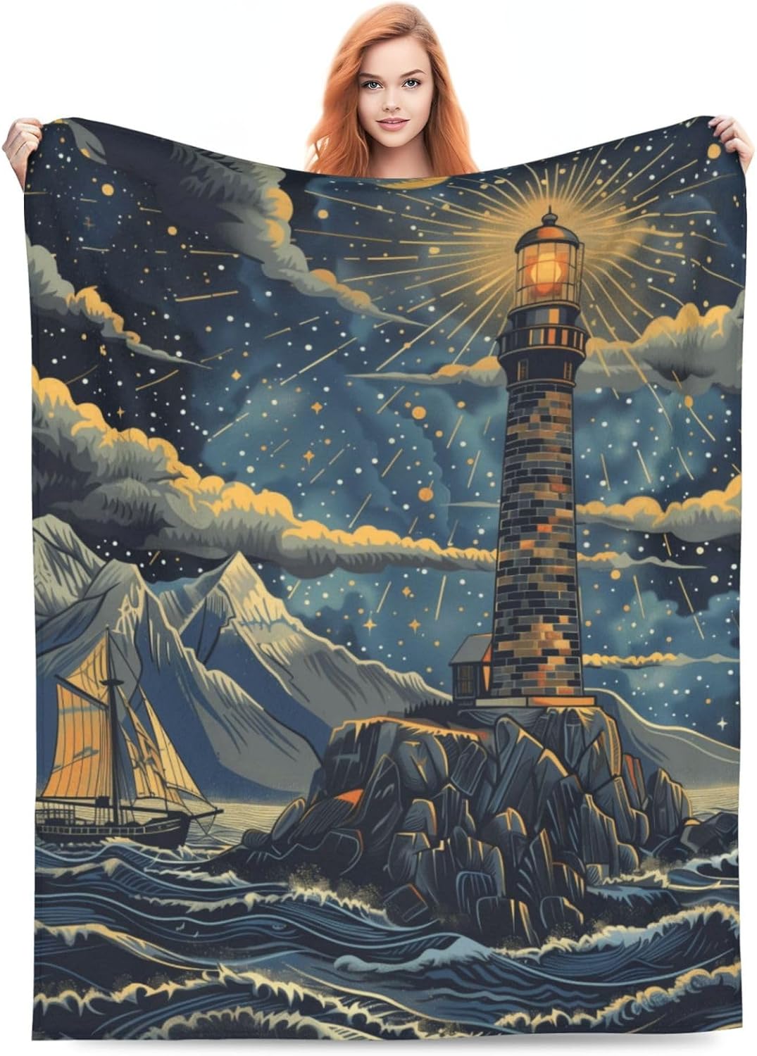 Nautical Lighthouse Blanket for Women, Ocean Sailboat Throw Blankets Soft Lightweight Flannel Throws for Bed Sofa Home Decor, Gifts for Girls Kids, 50x60in