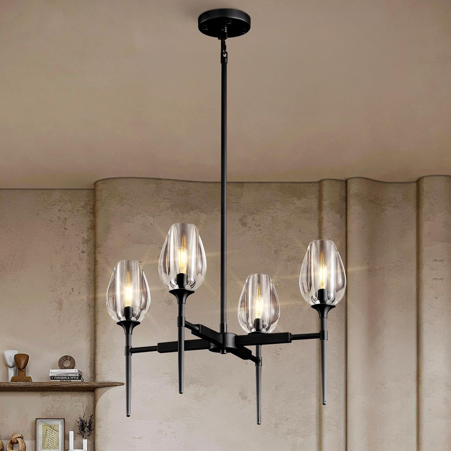 Crystal Black Pendant Lights Kitchen Island, 28" Adjustable Cord Modern Tulip Pendant Light Fixtures,4 Lights Kitchen Pendant Lighting Over Table,Indoor Chandeliers for Bedroom, Bulbs Included