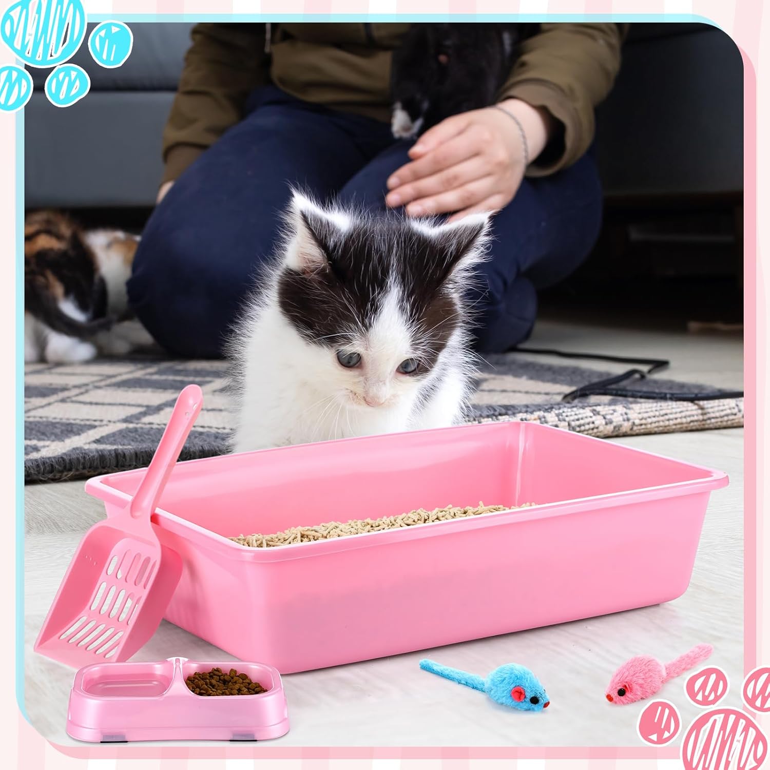 Beeveer 2 Set Kitten Litter Box, 2 Pcs Plastic Small Cat Litter Box Training Low Entry with 2 Scooper, 2 Cat Bowls and 2 Mouse Toy for Small Kitty Starter Kit, 14.5 x 10.6 Inch, Blue and Pink
