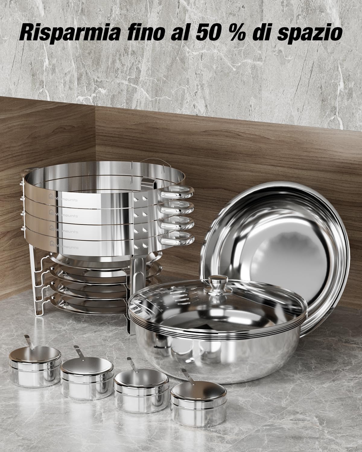 Warmounts Set di 2 scaldavivande rotondi e scaldavivande con coperchio in vetro e supporto per coperchio, scaldavivande in acciaio inox, per catering, feste, eventi, matrimoni, 4 litri