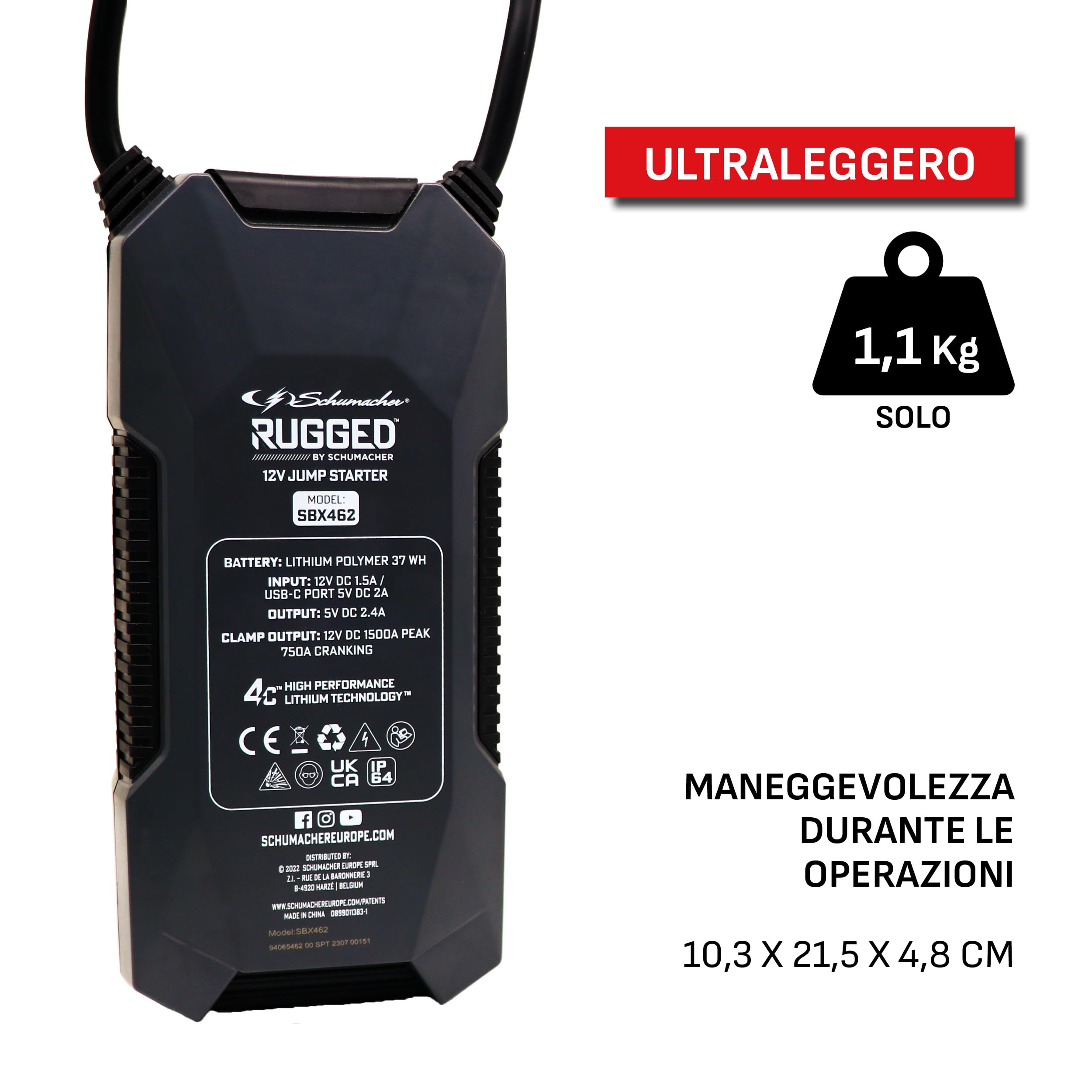 Schumacher Rugged SBX 462 - Booster Batteria Ioni di Litio 1500A 12V - Veicoli fino a 7,0L Benzina / 5,0L Diesel - Torcia Super Potente - Porto USB 2,4A Sortie / 2,0A Entrata - Protezione IP64
