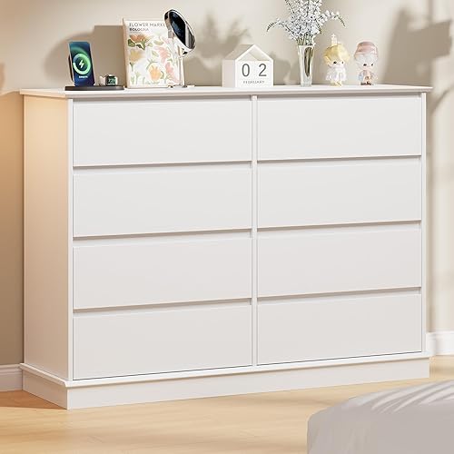 8 Drawer Dressers for Bedroom, Chest of Drawers with Deep Drawers, Large Double Dresser for Closet with Wide Top, Horizontal Wooden Dresser for Living Room, Hallway, Kids Room, White