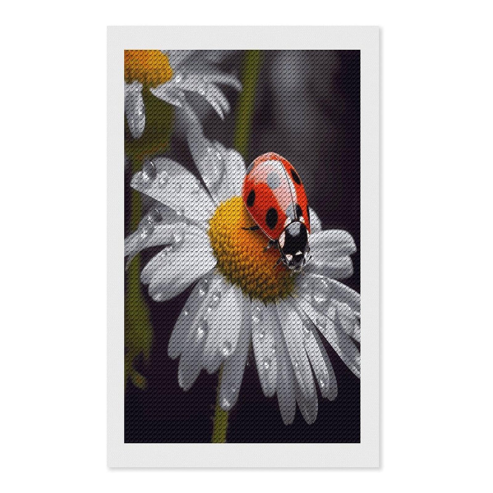 VstaDank Ladybug on Daisy Flower Diamond Painting Kits Exquisite DIY Full Round Drill Diamond Dots Painting for Adults Beginner Diamond Photo Paint with Diamond Picture Art Wall Decor 12"x20"