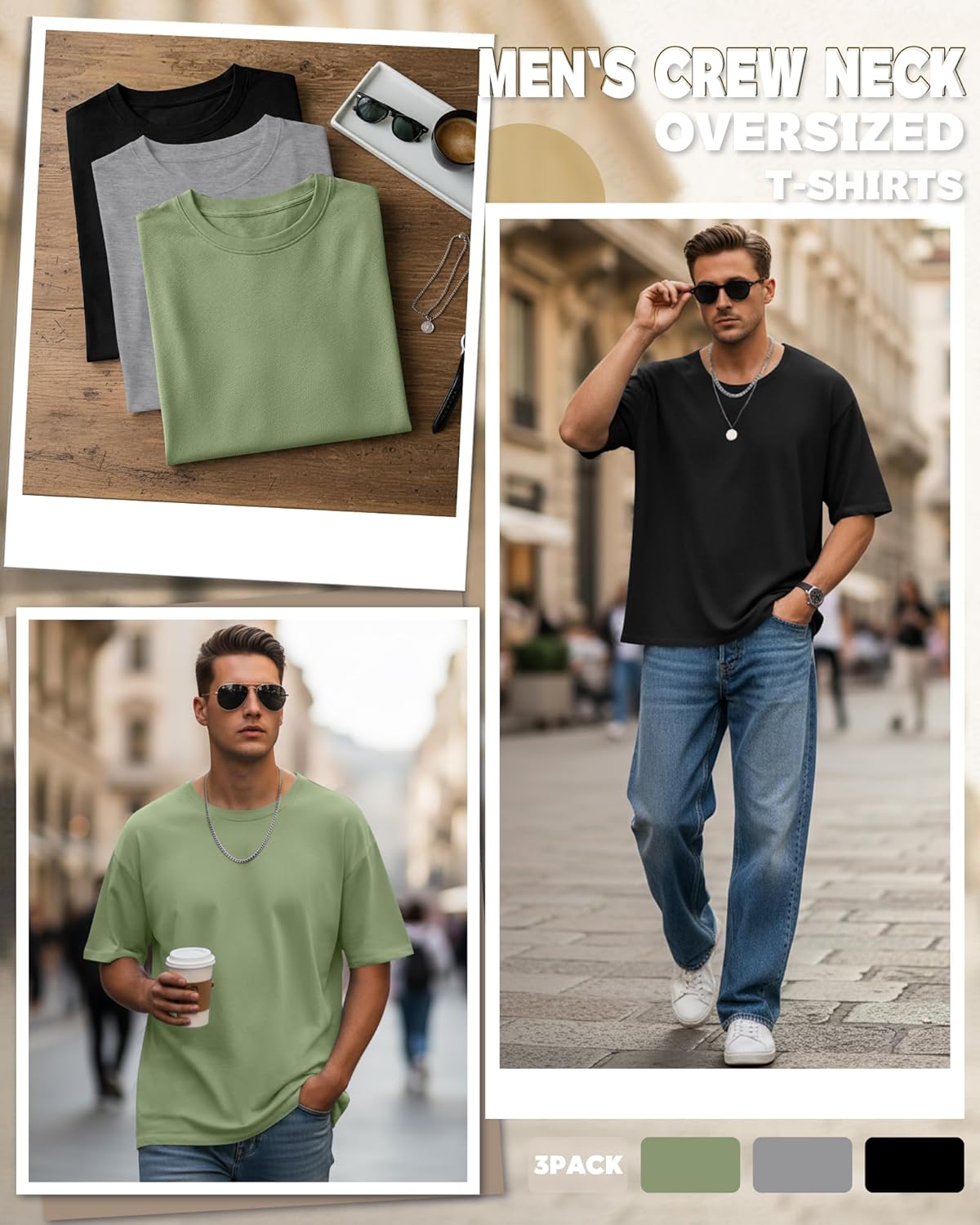 3 Pack Men's Oversized T-Shirts Short Sleeve Crew Neck Loose Fit Shirts Athletic Drop Shoulder Workout Basic Tees - Image 2