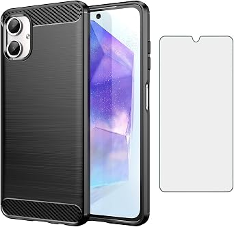 Asuwish Phone Case for Samsung Galaxy A06 with Tempered Glass Screen Protector Cover and Cell Accessories Slim TPU Soft Hybrid Silicone Rubber Protective Ao6 A 06 2024 Carbon Fiber Women Men Black