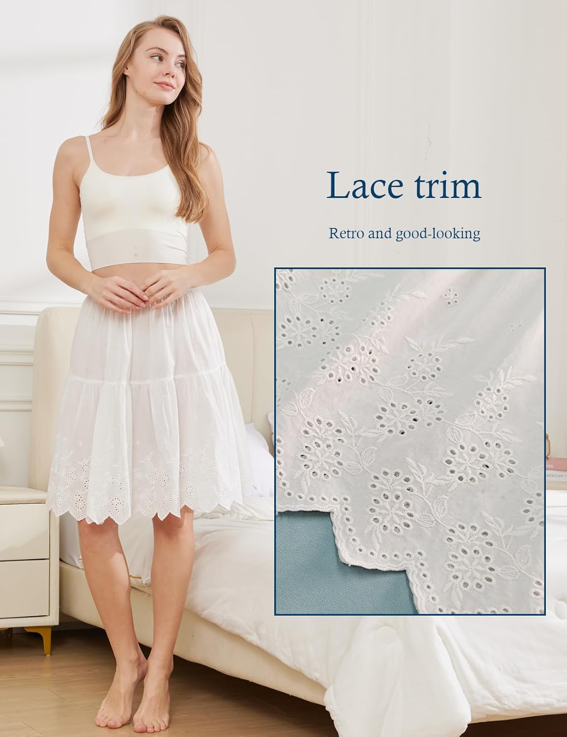 BEAUTELICATE Half Slip Skirt Extender 100% Cotton Vintage Underskirt with Lace Embroidery - Image 5