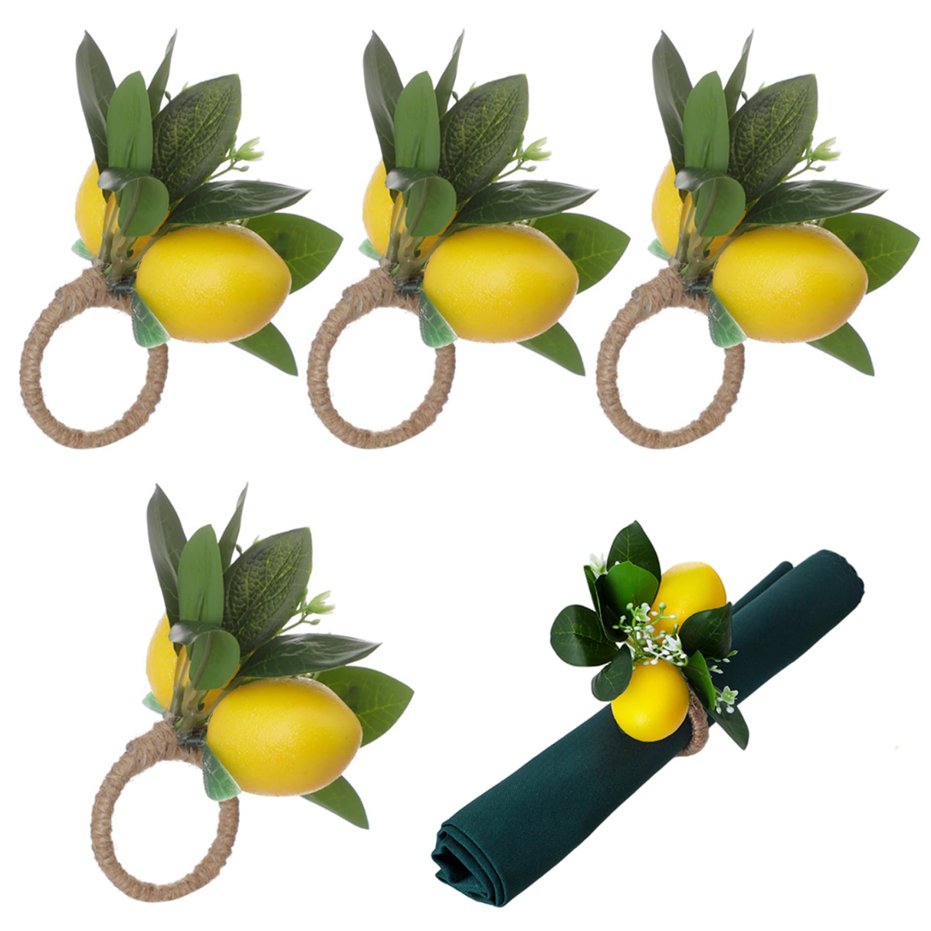 Sjfbebsy 4Pcs Lemon Napkin Rings Faux Farmhouse Napkin Rings with Decorative Leaves and Flowers, Perfect for Banquet Party Dinner Wedding Decor