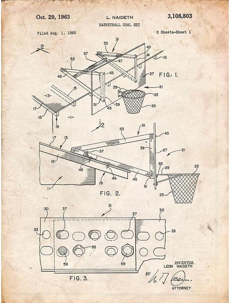 ArtDirect PP454-Vintage Parchment Basketball Adjustable Goal 1962 Patent Poster Unframed Art Print Giclee Poster by Borders, Cole - Customization Sizes 8x10, 11x14, 15x20, 24x32, 36x48, 45x60 Inches