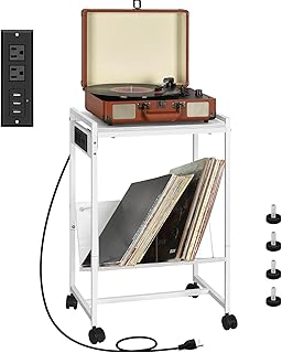 Record Player Stand with Charging Station, 3 Tier Record Player Table with 3 Quick-Release Divider, Vinyl Record Stand Storage with 4 Wheels, Turntable Stand for Bedroom Living Room and Office(White)