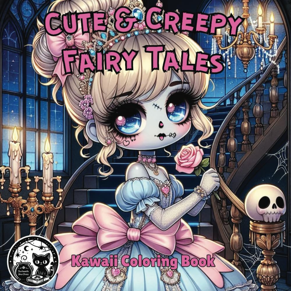 Cute & Creepy Fairy Tales Kawaii Coloring Book for Kids, Teens, and Adults: Spooky Cutie Gothic Coloring Pages with Black Background for Relaxation (Cute and Creepy)